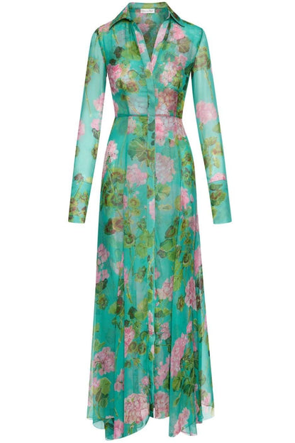 Vestido largo con mangas farol y solapa con hebilla y estampado floral 
