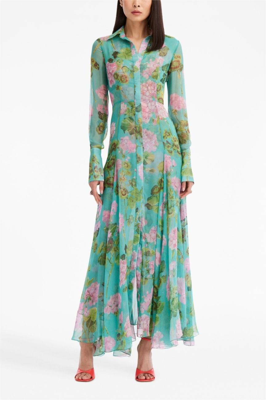 Vestido largo con mangas farol y solapa con hebilla y estampado floral 