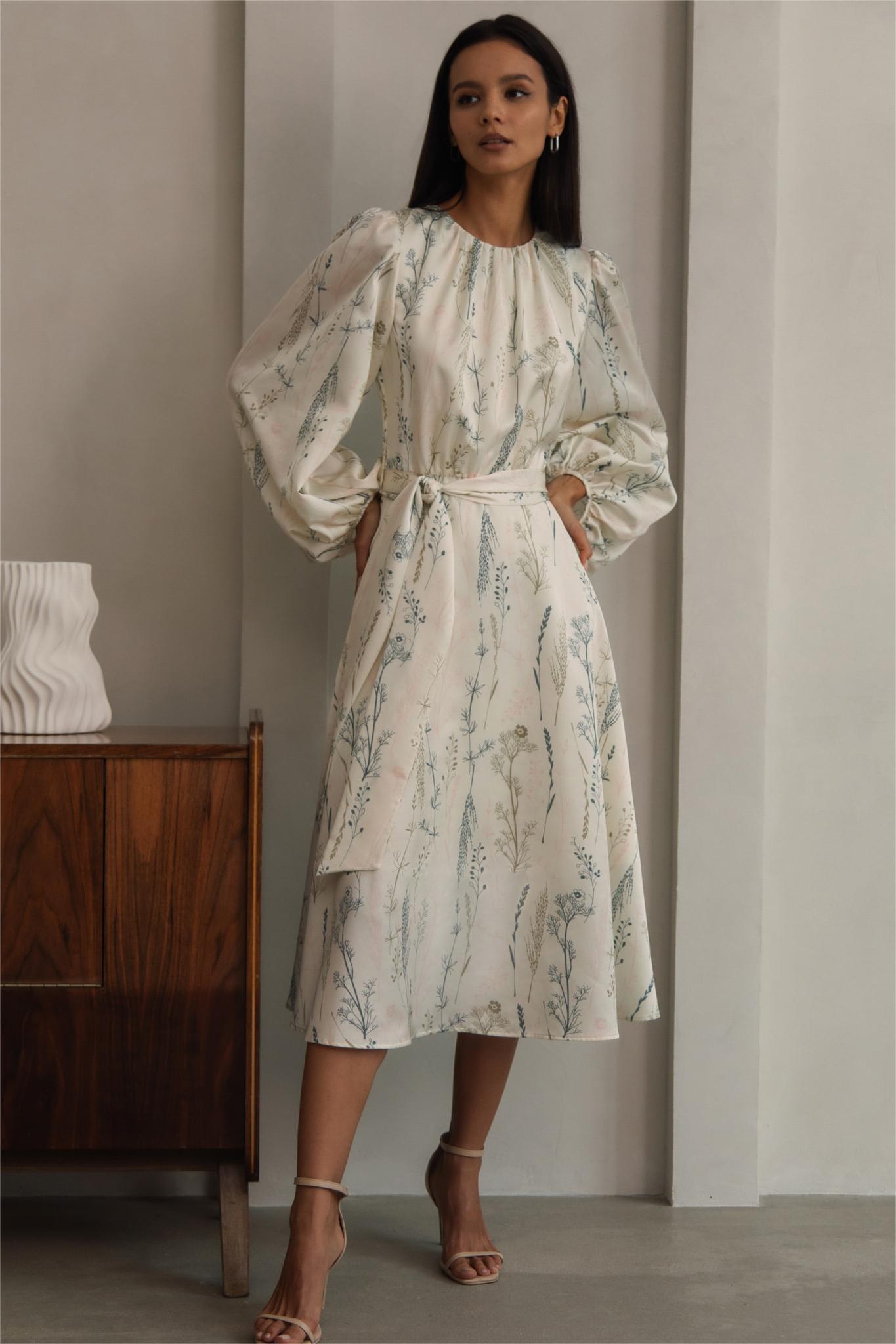Vestido midi con cuello redondo, mangas farol y encaje floral 