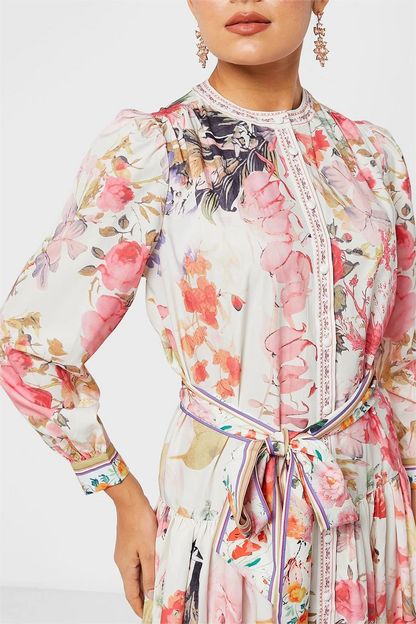 Vestido midi floral de manga larga, cuello redondo, botones y cordones 