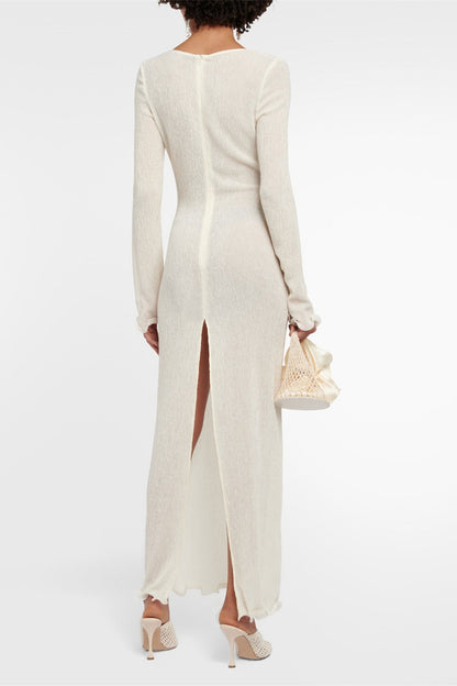 3D Flower Long Sleeve V-Neck Split Maxi Dress White