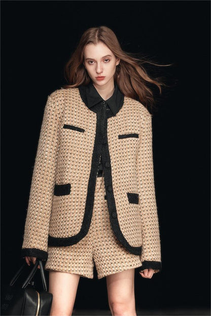 Chaqueta acolchada de tweed con cuello redondo 