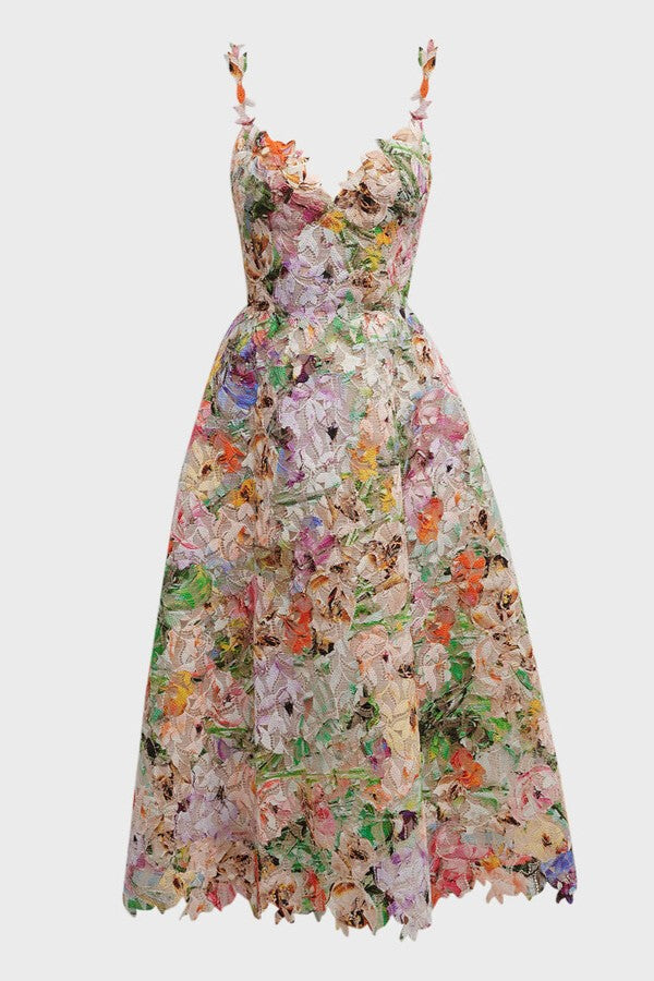 Vestido midi de encaje con bordado floral 