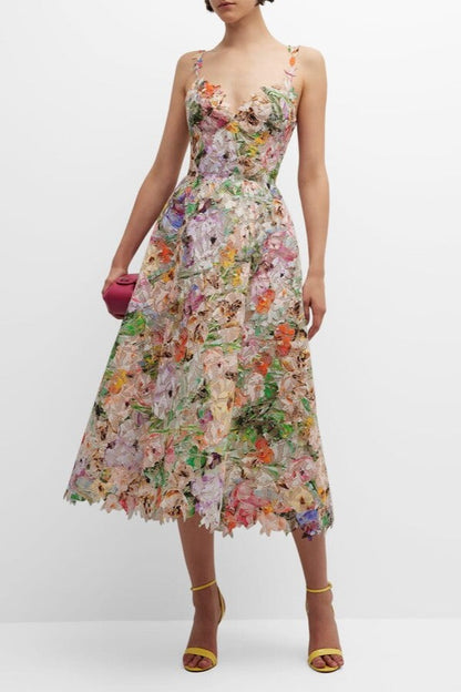 Vestido midi de encaje con bordado floral 
