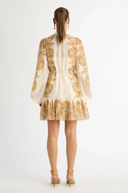 Vestido mini con mangas farol y estampado paisley 