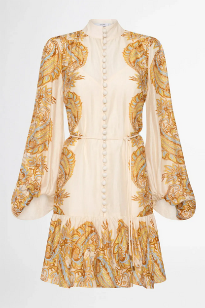 Vestido mini con mangas farol y estampado paisley 