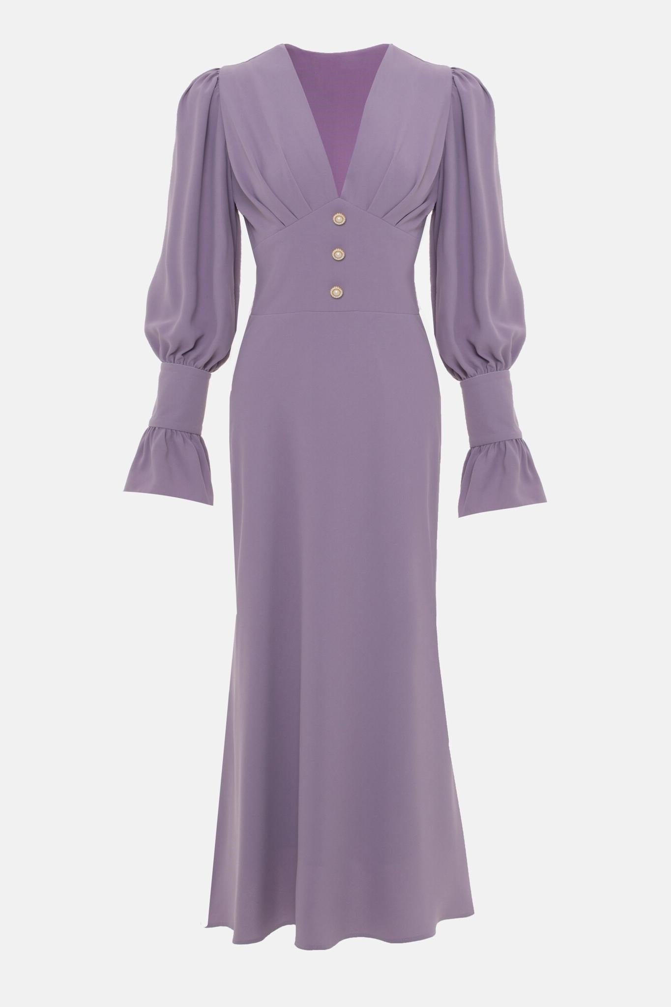 Vestido midi liso con cuello en V y mangas farol 