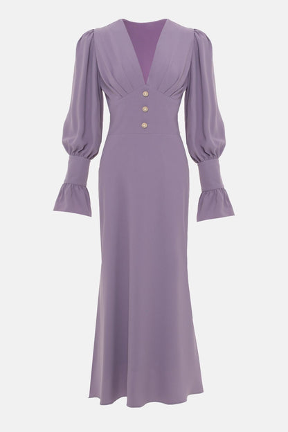 Vestido midi liso con cuello en V y mangas farol 