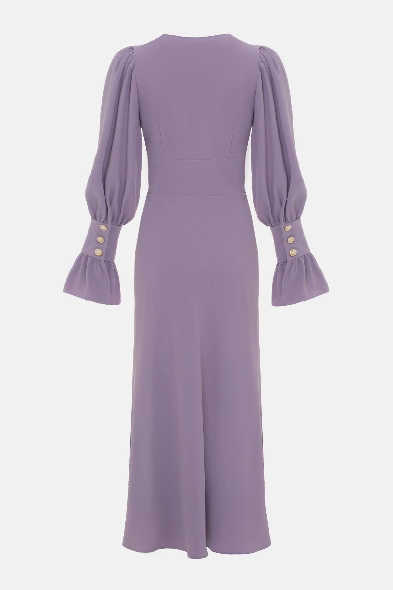 Vestido midi liso con cuello en V y mangas farol 