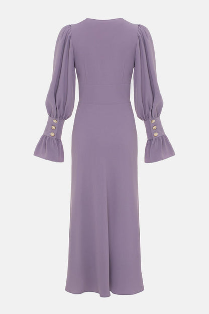 Vestido midi liso con cuello en V y mangas farol 