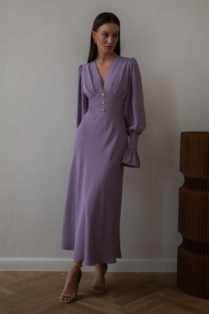 Vestido midi liso con cuello en V y mangas farol 