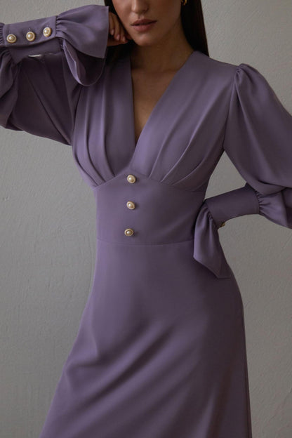 Vestido midi liso con cuello en V y mangas farol 