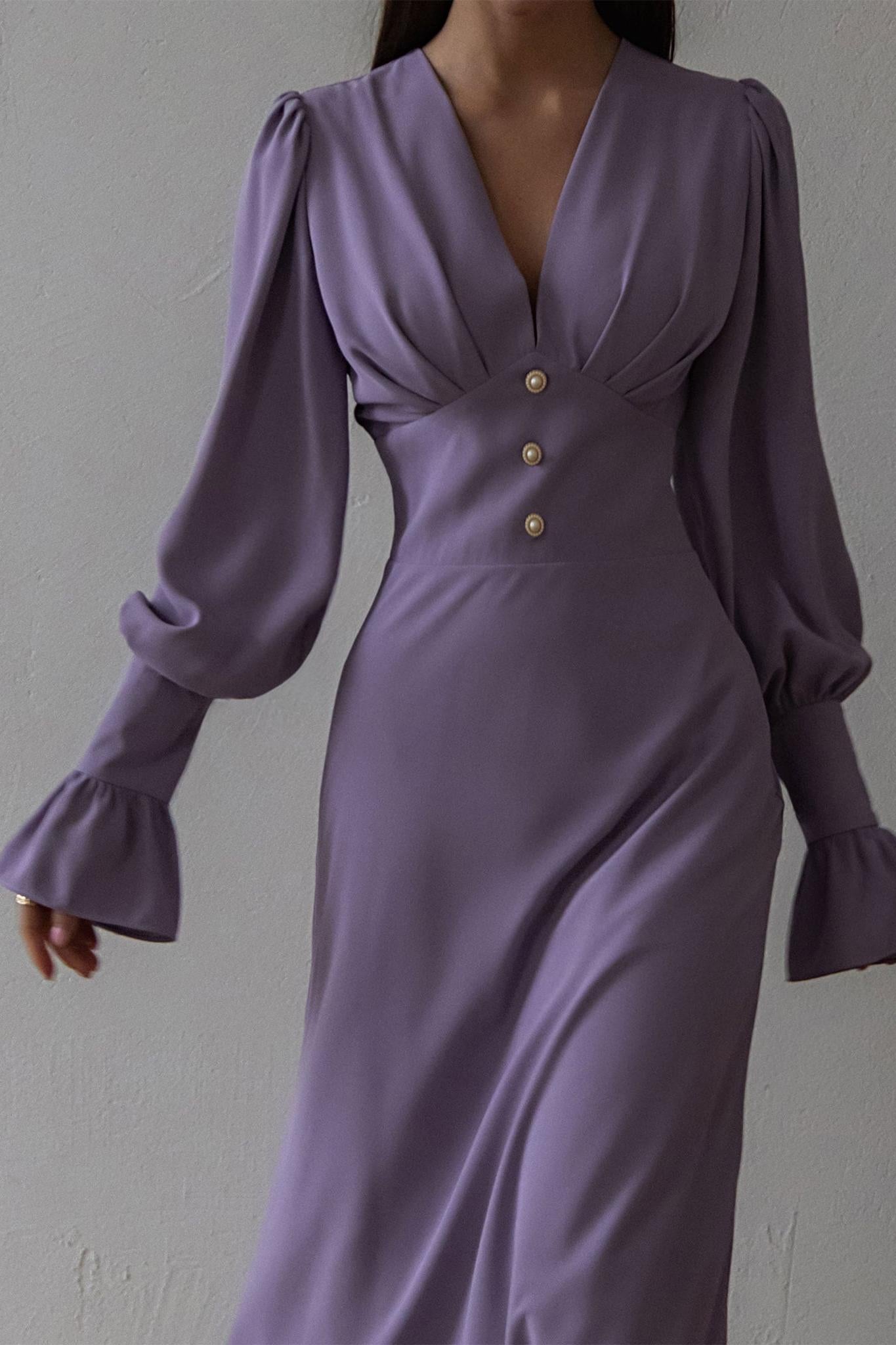 Vestido midi liso con cuello en V y mangas farol 