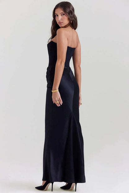 Vestido midi liso sin tirantes con corsé 