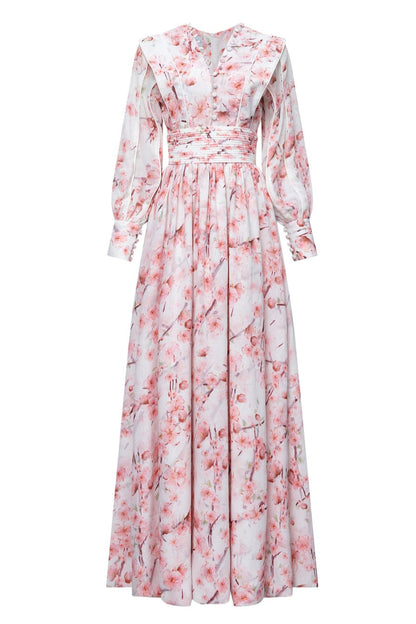 Vestido midi de manga larga con estampado floral y botonadura sencilla 