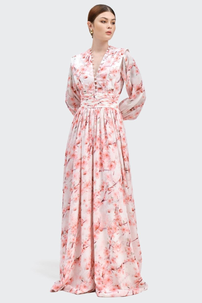 Vestido midi de manga larga con estampado floral y botonadura sencilla 