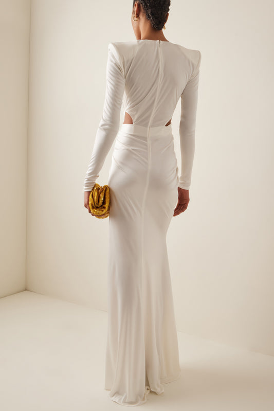 Vestido midi liso con escote en V, manga larga y abertura 