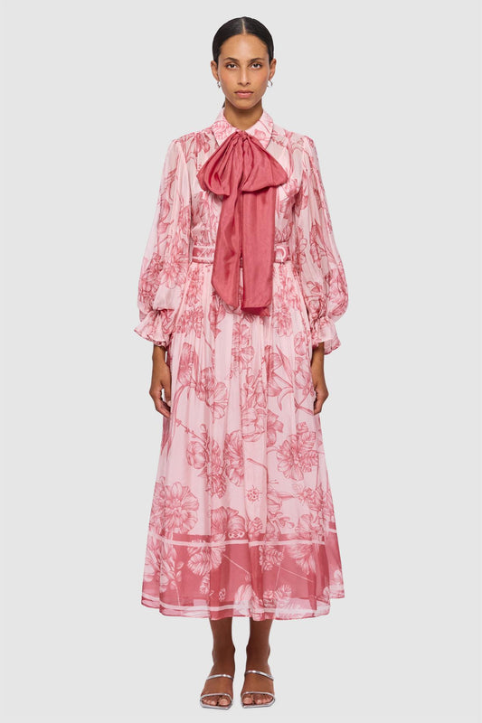 Vestido midi con mangas farol y cinturón floral 