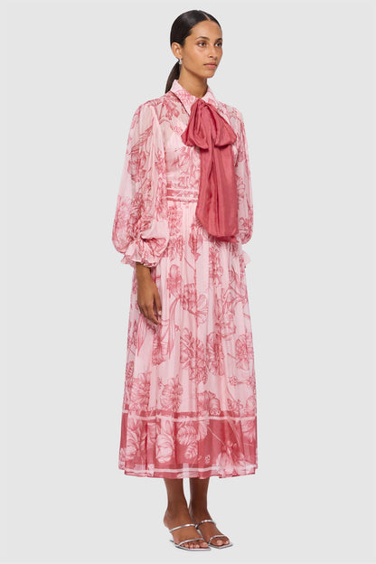 Vestido midi con mangas farol y cinturón floral 