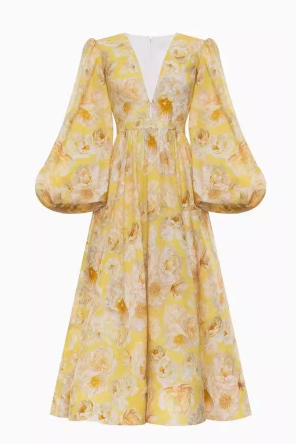 Vestido midi de manga larga con escote en V y estampado floral 