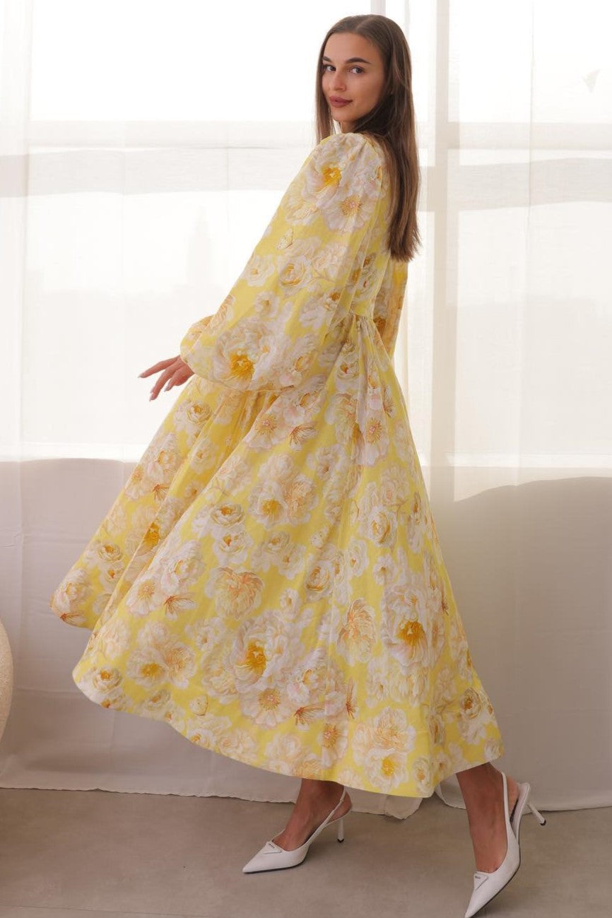 Vestido midi de manga larga con escote en V y estampado floral 