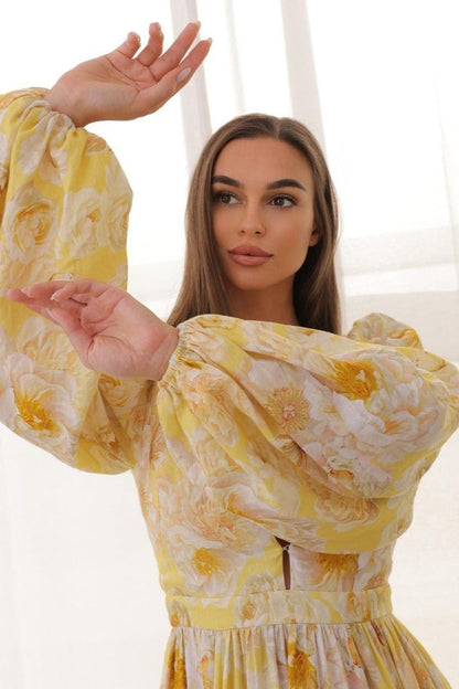Vestido midi de manga larga con escote en V y estampado floral 
