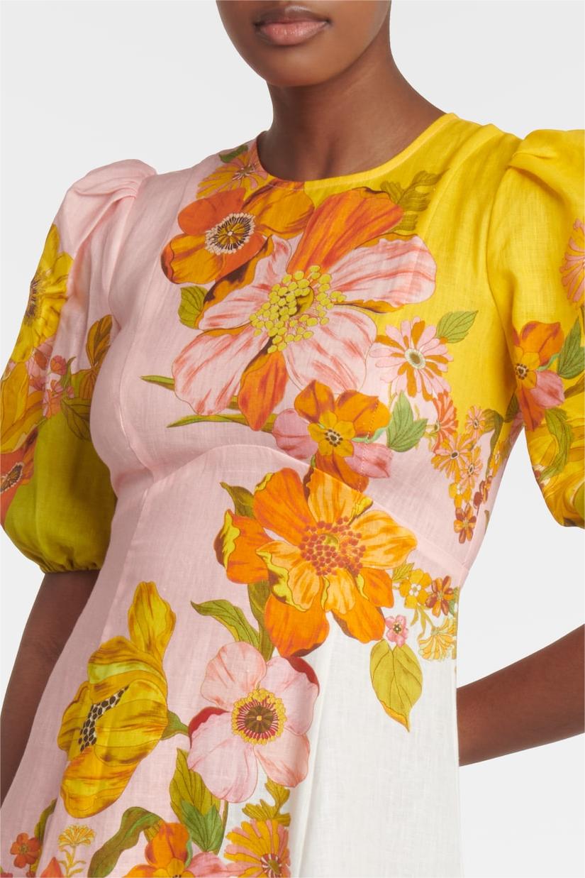 Vestido midi floral con escote redondo y mangas abullonadas 