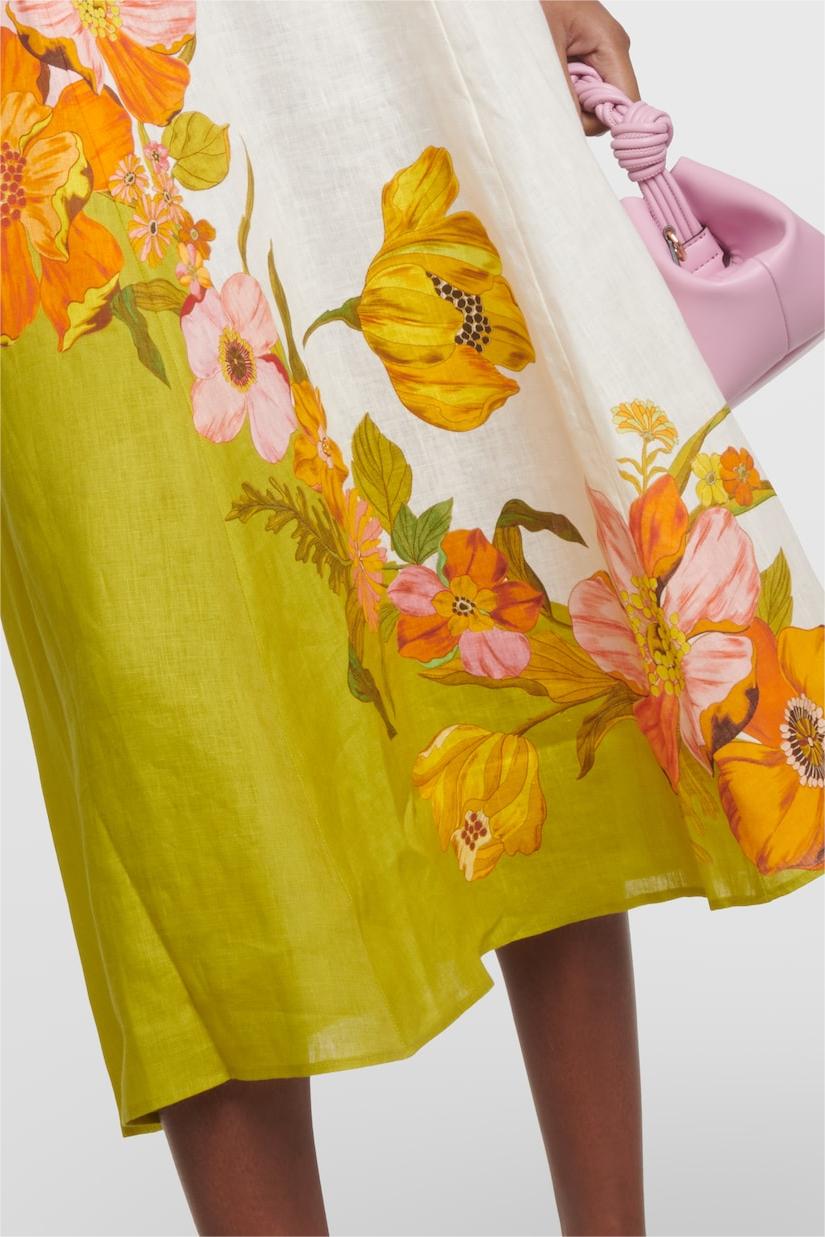 Vestido midi floral con escote redondo y mangas abullonadas 
