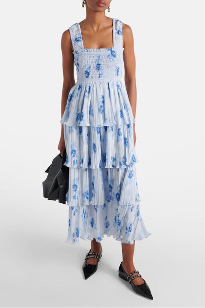 Vestido midi fruncido con volantes y hombros descubiertos con flores 