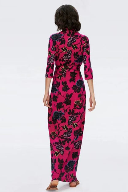 Floral Mid Sleeve Lace Up Wrap Midi Dress