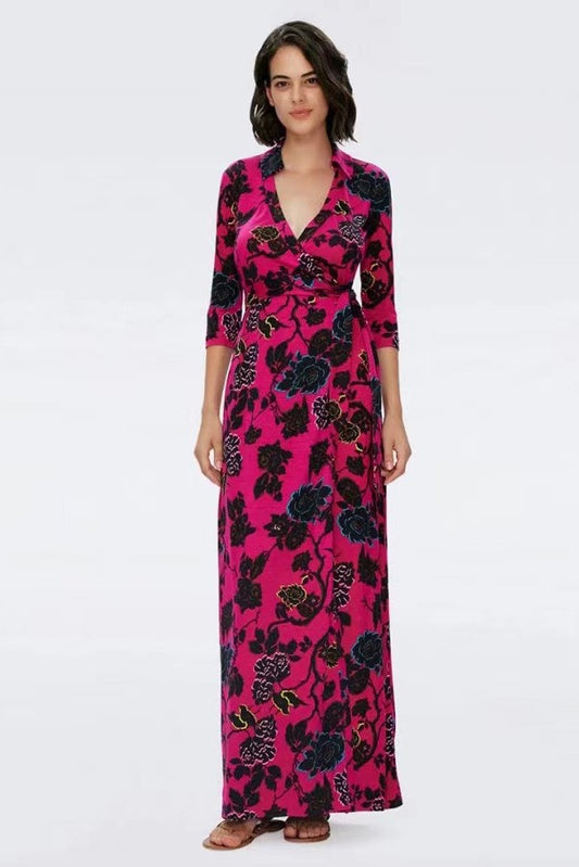 Floral Mid Sleeve Lace Up Wrap Midi Dress
