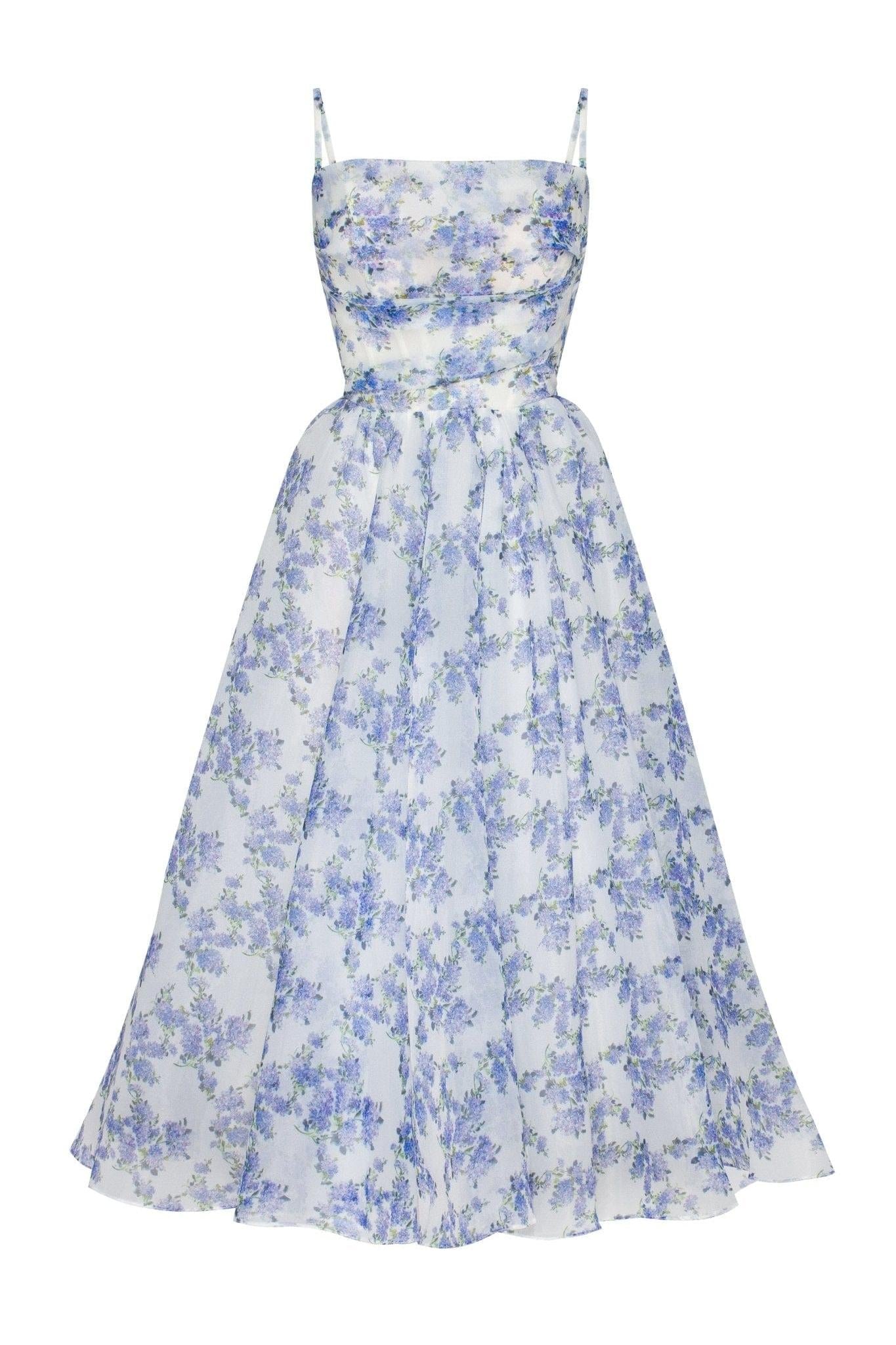 Vestido midi con encaje, espalda descubierta y estampado floral 