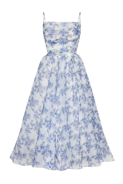 Vestido midi con encaje, espalda descubierta y estampado floral 