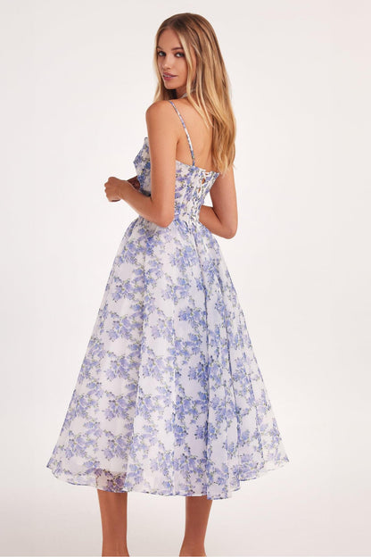 Vestido midi con encaje, espalda descubierta y estampado floral 