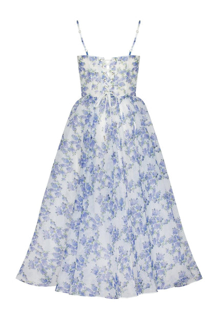 Vestido midi con encaje, espalda descubierta y estampado floral 