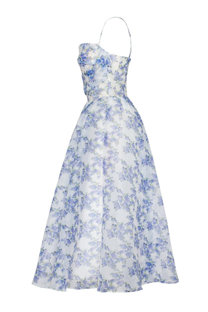Vestido midi con encaje, espalda descubierta y estampado floral 