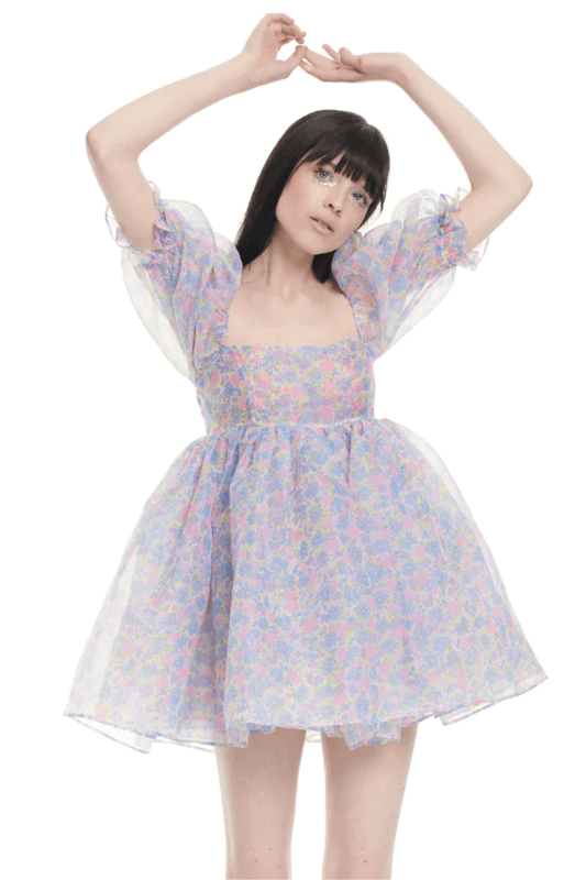 Vestido mini con cuello cuadrado y mangas abullonadas con flores 