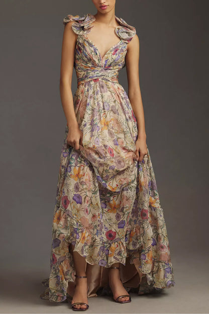 Vestido largo floral plisado con espalda descubierta y cordones 