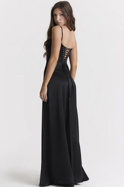 Vestido largo negro de satén liso con cordones 