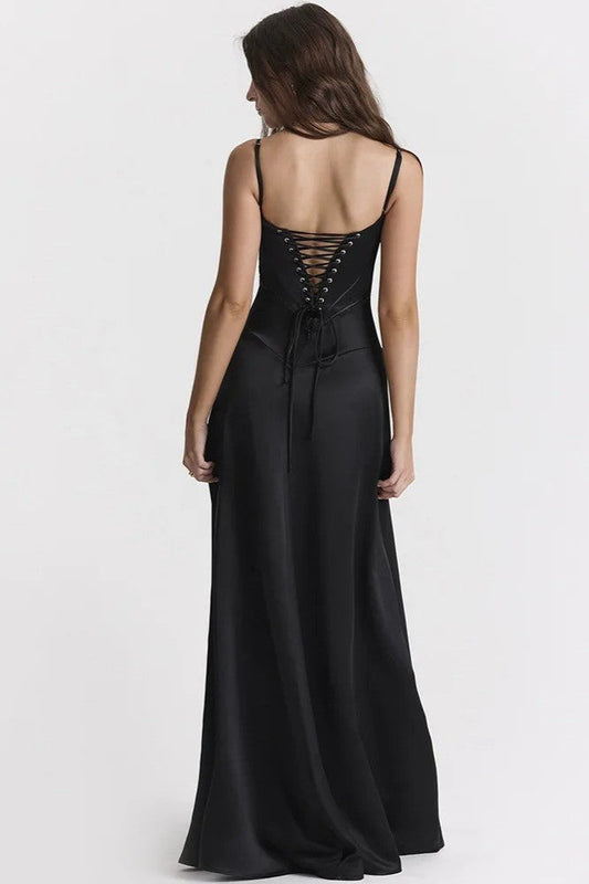 Vestido largo negro de satén liso con cordones 