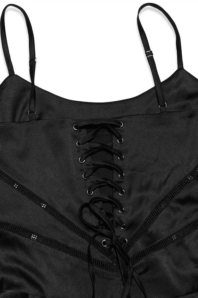Vestido largo negro de satén liso con cordones 