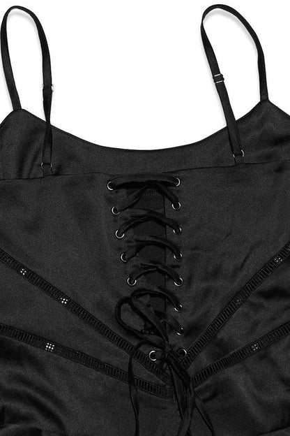 Vestido largo negro de satén liso con cordones 