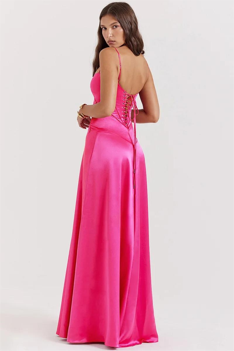 Vestido largo de satén liso con cordones en fucsia 