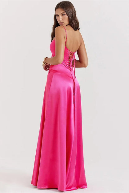 Vestido largo de satén liso con cordones en fucsia 