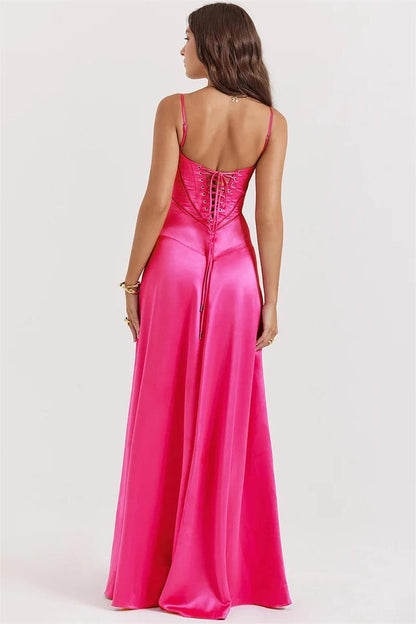 Vestido largo de satén liso con cordones en fucsia 