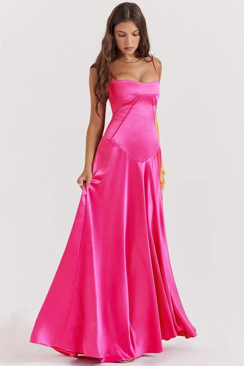 Vestido largo de satén liso con cordones en fucsia 