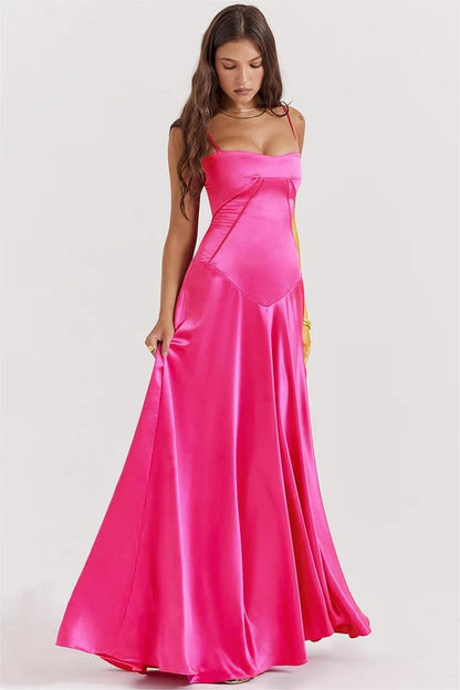 Vestido largo de satén liso con cordones en fucsia 