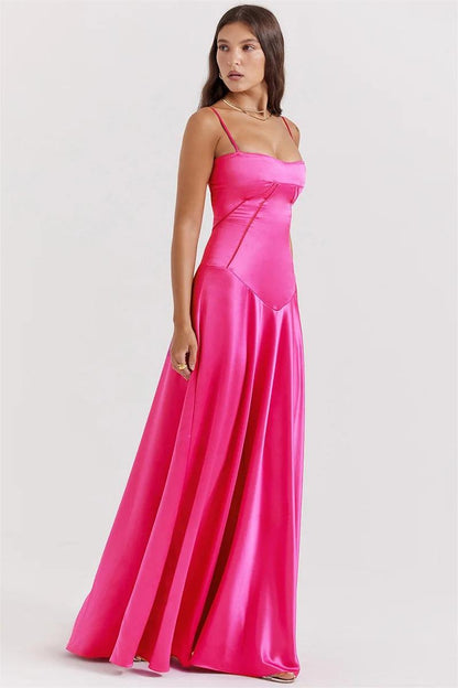 Vestido largo de satén liso con cordones en fucsia 