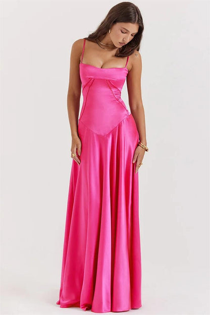 Vestido largo de satén liso con cordones en fucsia 