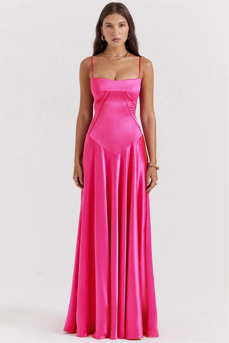 Vestido largo de satén liso con cordones en fucsia 